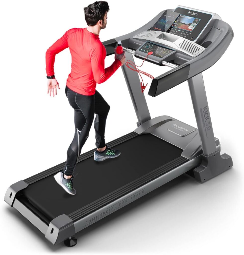 Bluefin Fitness Kick 5.0. Folding Treadmill | 24 km/h + 5.0 HP + 20 Incline Levels | Home Gym Equipment with Bluetooth |10.1’ TFT Screen | Heartrate sensors + Built-in Shock Absorption