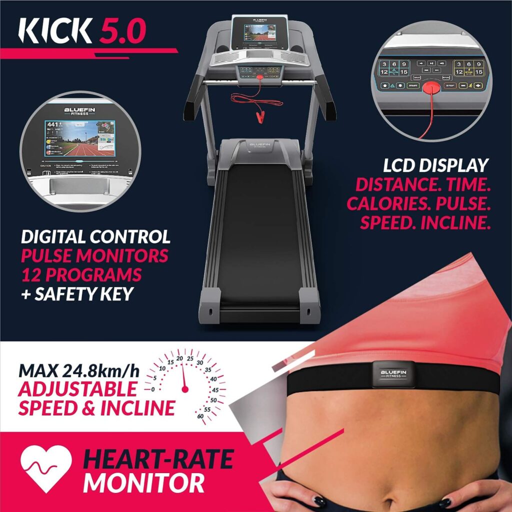 Bluefin Fitness Kick 5.0. Folding Treadmill | 24 km/h + 5.0 HP + 20 Incline Levels | Home Gym Equipment with Bluetooth |10.1’ TFT Screen | Heartrate sensors + Built-in Shock Absorption