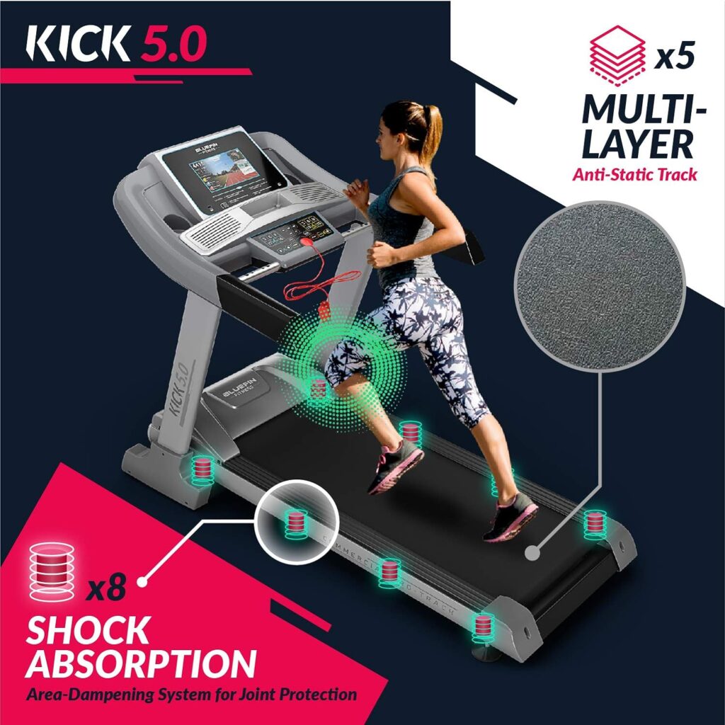 Bluefin Fitness Kick 5.0. Folding Treadmill | 24 km/h + 5.0 HP + 20 Incline Levels | Home Gym Equipment with Bluetooth |10.1’ TFT Screen | Heartrate sensors + Built-in Shock Absorption
