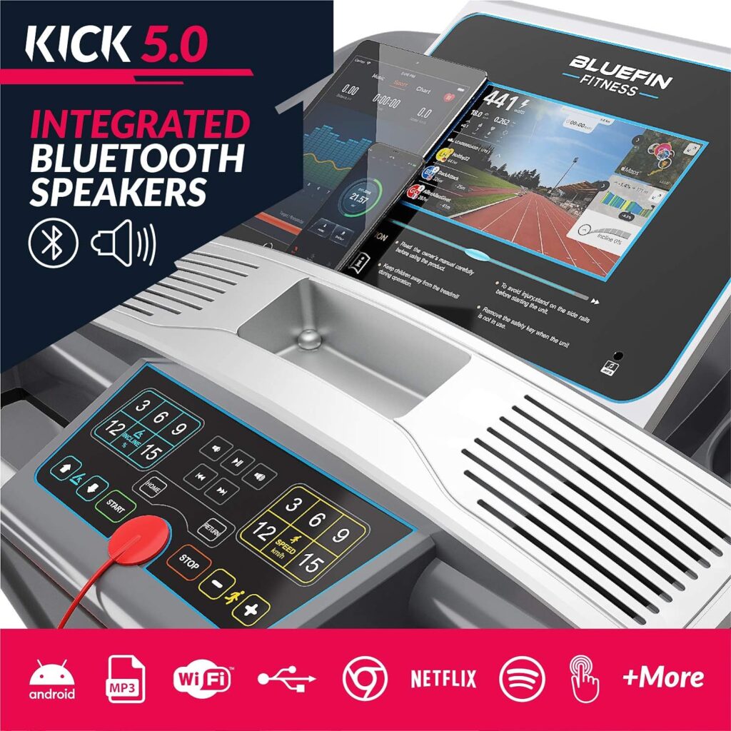 Bluefin Fitness Kick 5.0. Folding Treadmill | 24 km/h + 5.0 HP + 20 Incline Levels | Home Gym Equipment with Bluetooth |10.1’ TFT Screen | Heartrate sensors + Built-in Shock Absorption