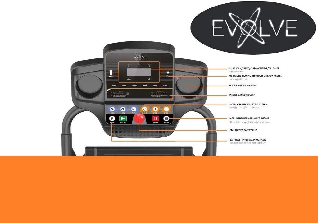 EVOLVE B1 Motorized Electric Treadmill for Home - 3 level manual inclination  Foldable running machine with 12 programs - Bluetooth, speaker, USB Port, AUX - Zwift App for smart phone