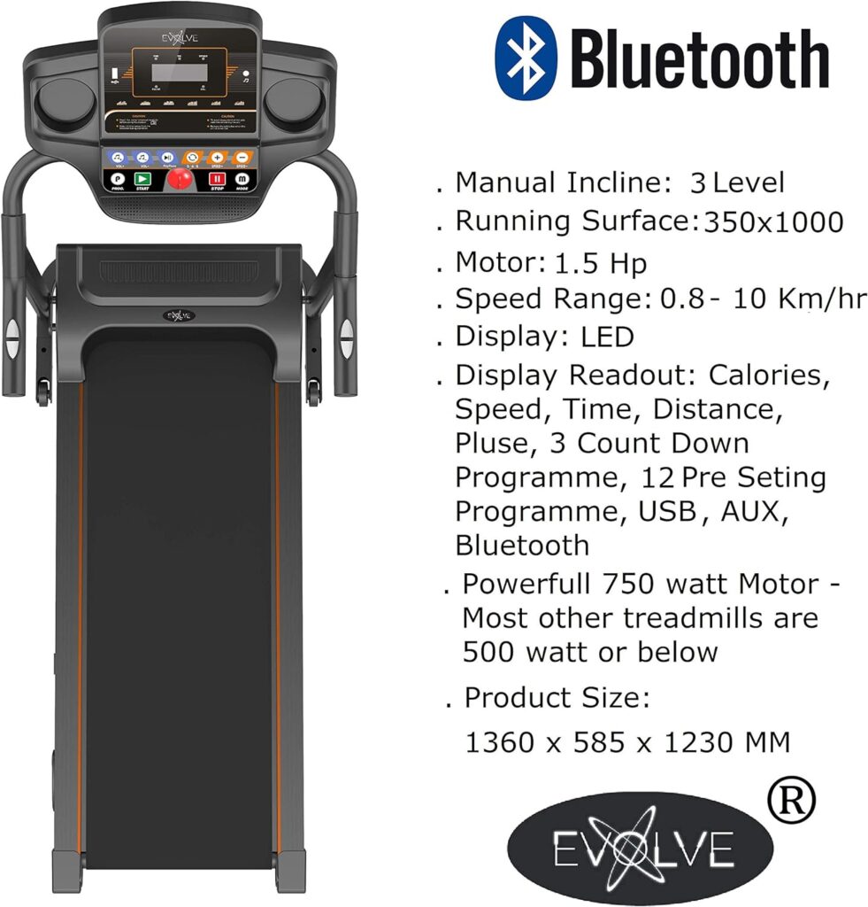 EVOLVE B1 Motorized Electric Treadmill for Home - 3 level manual inclination  Foldable running machine with 12 programs - Bluetooth, speaker, USB Port, AUX - Zwift App for smart phone