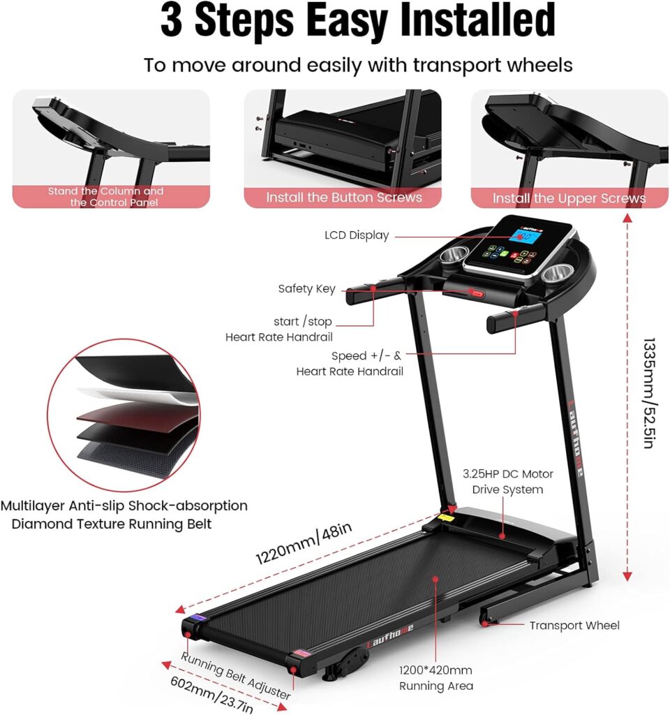 Folding Treadmill for Home, Motorized Jogging Running Machine, Build in Bluetooth dual Speaker Multi-functional Display  Heart-rate Sensor, 95% pre-assembled
