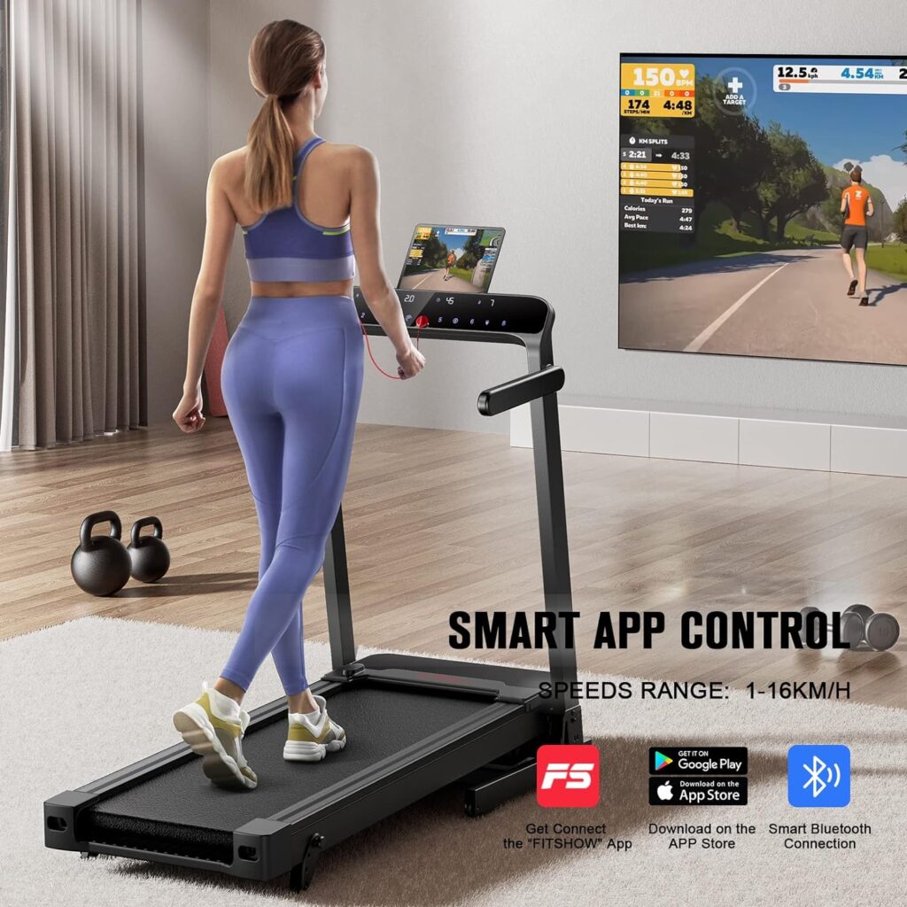 Folding Treadmill With 15°Incline, Automatic Hydraulic Foldable, FLYLINKTECH LCD Silent Treadmill, 16km/h, Bluetooth APP, 43 * 110cm Running Belt, Indoor Walking Running Machine for Home Office Gym