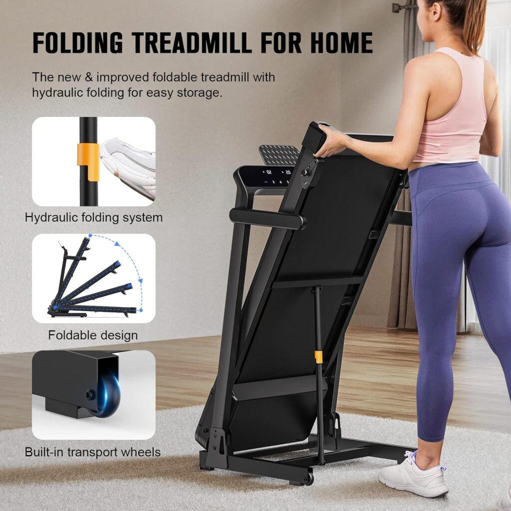 Folding Treadmill With 15°Incline, Automatic Hydraulic Foldable, FLYLINKTECH LCD Silent Treadmill, 16km/h, Bluetooth APP, 43 * 110cm Running Belt, Indoor Walking Running Machine for Home Office Gym