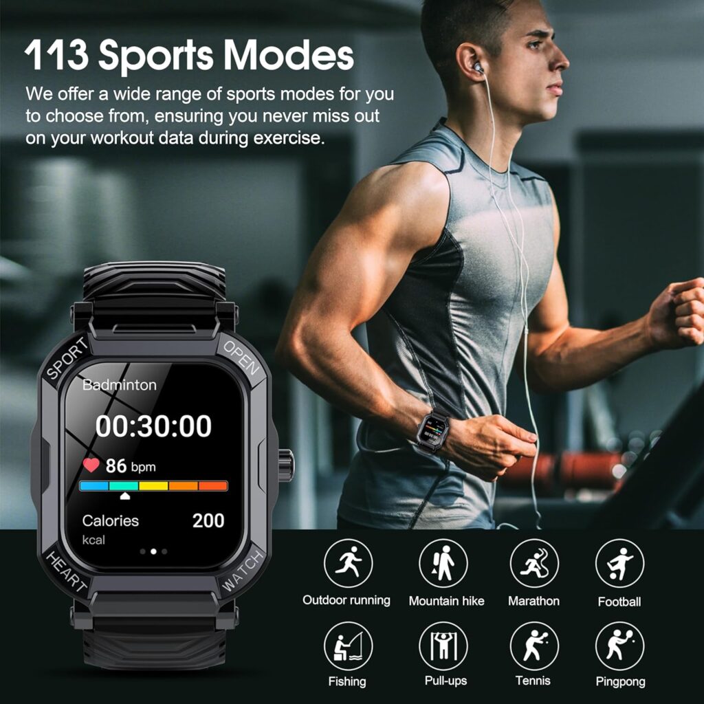 Smart Watch for Men Answer/Make Calls, 1.85 Touch Screen Fitness Watch with Heart Rate Sleep Monitor Step Counter, 113 Sports Modes Fitness Tracker, IP68 Waterproof Smartwatch for Android iOS, Black