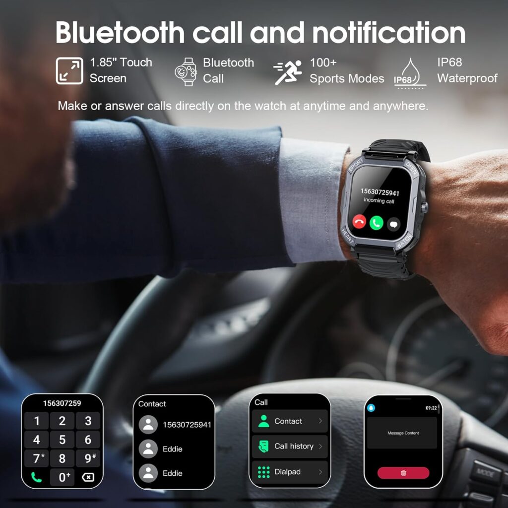 Smart Watch for Men Answer/Make Calls, 1.85 Touch Screen Fitness Watch with Heart Rate Sleep Monitor Step Counter, 113 Sports Modes Fitness Tracker, IP68 Waterproof Smartwatch for Android iOS, Black