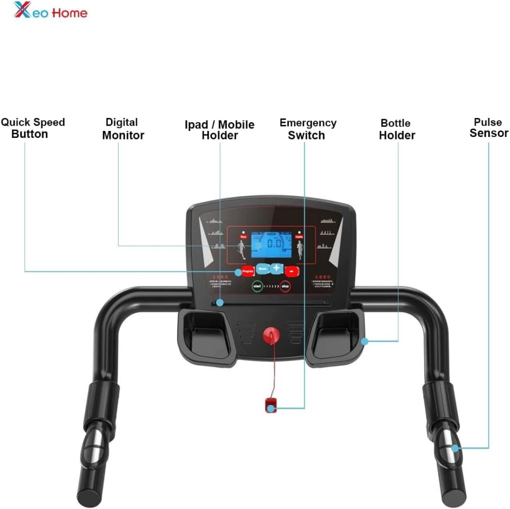 XEO HOME Treadmill Folding Treadmills For Home Gym office Heavy Duty Foldable Indoor Space Saving Cardio Fitness Workout LCD Pad Mobile  Water Bottle Holder Best Running Walking  Jogging Machines