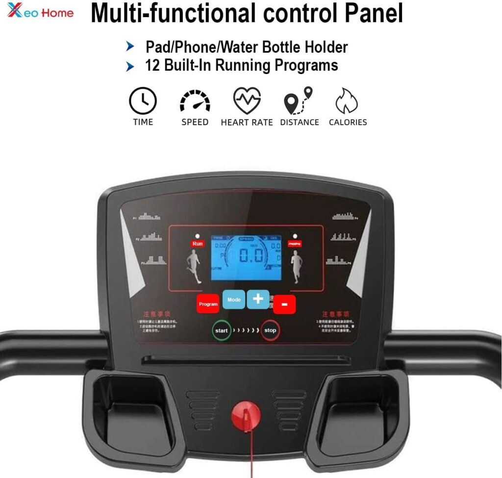 XEO HOME Treadmill Folding Treadmills For Home Gym office Heavy Duty Foldable Indoor Space Saving Cardio Fitness Workout LCD Pad Mobile  Water Bottle Holder Best Running Walking  Jogging Machines